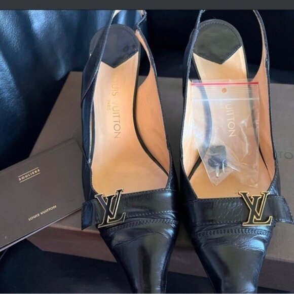 Louis Vuitton Black Leather Slingback Pumps Gold LV Logo Detail Box 39EU 8.5 US - Picture 2 of 13